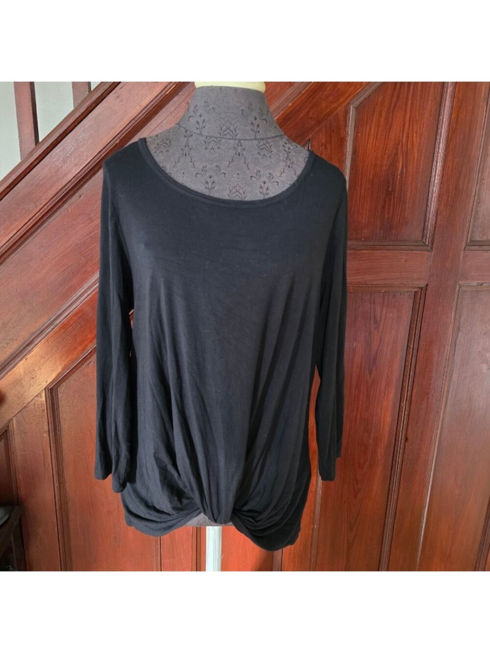 August Silk Black 3/4 Sleeve Knot Front Top Womens Medium